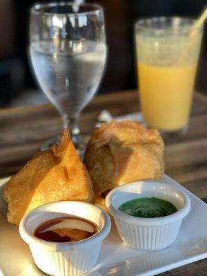 Vegetable Samosa and Mango Lassi