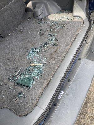 Broken glass left in truck area AFTER job was done.