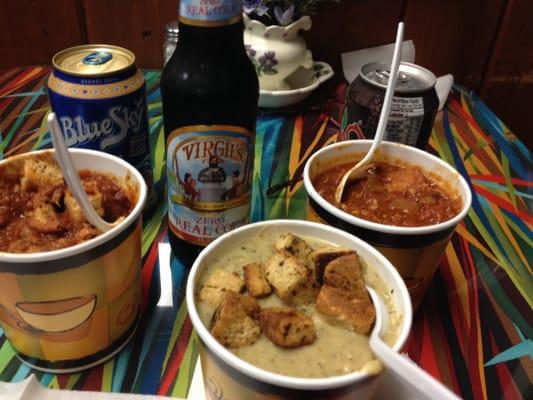 Broccoli soup, 2 veggie chiles and tasty drinks for lunch today with Laura and Gina. Yummm