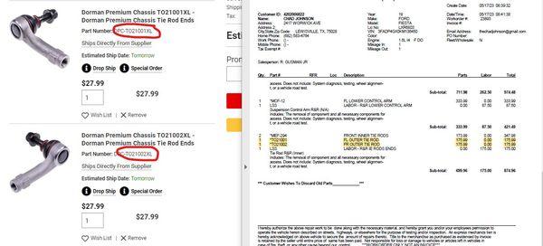 Tie rod ends same part #.... Summit price was $27.99 Drivers Edge was $175.99 SAME PART #!!!!!!!!!!