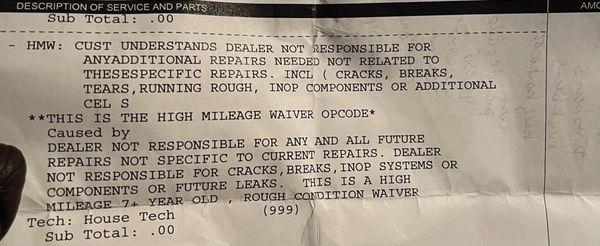 This is the disclaimer that Calavan Jeep snuck onto my service receipt. Shenanigans!