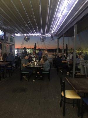 Patio seating by the lake.