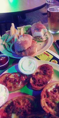 Potato skins and fish sanwich.. Skins had freezer taste. Also got philly steak (no picture) which was very good.