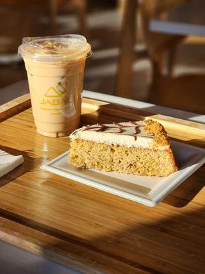 Iced latte and basbousa cake