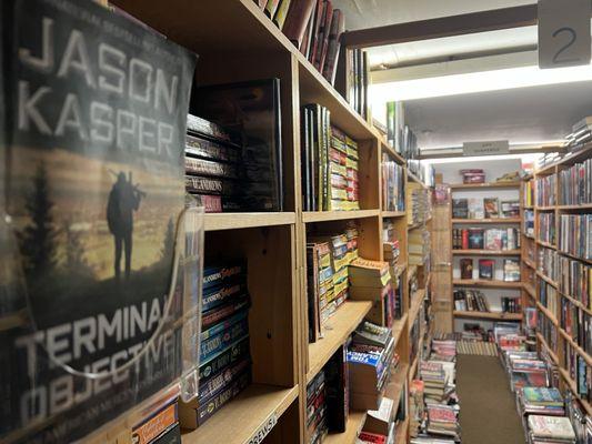 Thriller books are upstairs.