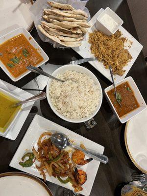 Tandoori Salmon Tikka, Garlic Naan, curry goat, Chicken Biryani, lentil soup, Chicken Tikka Masala