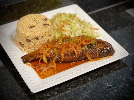 Stewed Snapper, rice & beans with sautéed cabbage