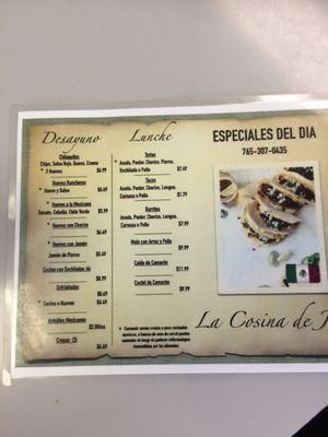 Sample of Their menu in Spanish and the other side is in English