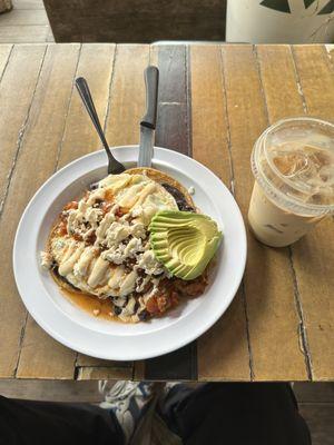 Juevos rancheros, iced vanilla latte