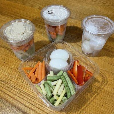 Check out our fast healthy options! Hard boiled eggs, veggie cups (choice of hummus or ranch), or a Power Box.