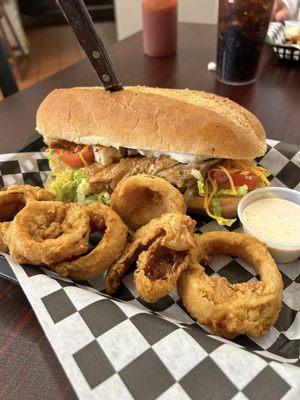 Pork belly BLT with a side of onion rings