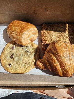 chocolate chop cookie. chocolate crossaint. cookie butter Danish (fave!). regular crossaint