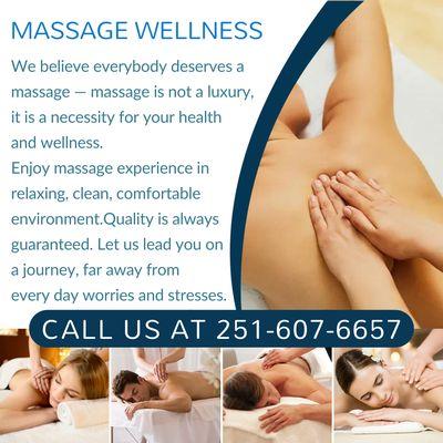 Massage Wellness
 Establishment License E-2841
 Call us at 251-607-6657