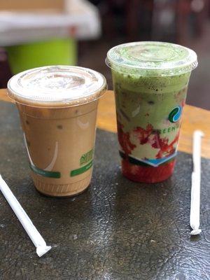 Iced vanilla latte & strawberry matcha latte