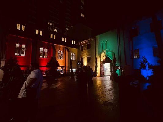 Light up the cathedral. Courtyard.