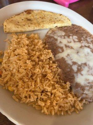 Kid's quesadilla with rice and beans