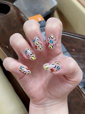 Rainbow leopard nail art with nude glitter base