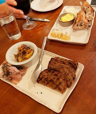 Charcuterie board, duck liver mousse, homemade baguette & homemade butter.