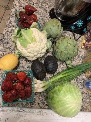 My morning haul-look at the size of those artichokes and strawberries!