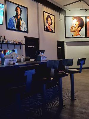 Counter seating with cool art surrounding