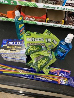 My small haul. I'm obsessed with the Bigs Dill Pickle sunflower seeds. Only $1.25 here, grocery store is $2.29.