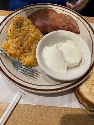 Cheesy hash brown casserole, ham, poached eggs.