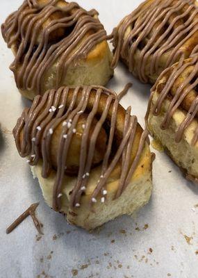 Chocolate Chip Cinnamon with chocolate salted caramel icing.