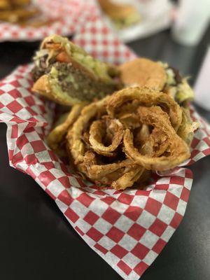 Double w/ Cheese and homemade onion rings!