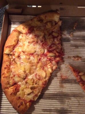 Grilled chicken and pineapple pizza with garlic crust topper. Very good! Just reheated at 3:00 am. Still great!