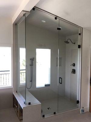 Custom Seamless Shower Enclosure from floor to Ceiling, 90 Degree.