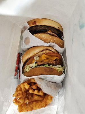 wild west burger,  crispy chickzen burger, ufo fries. wish the fries had sauce but still good