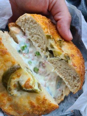 Bacon scallion cream cheese on the jalapeño cheddar bagel