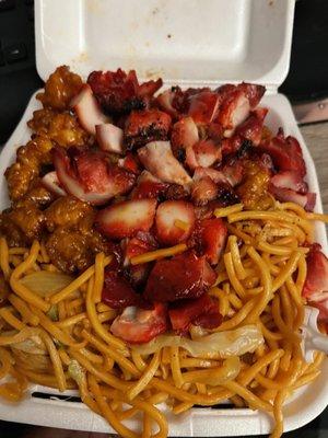 Combo C with Orange Chicken, Teriyaki Chicken, all Chow Mein. 3rd item not pictured here