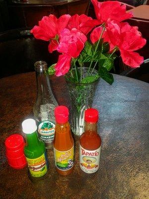 Red mild sauce, & red & green hot sauce