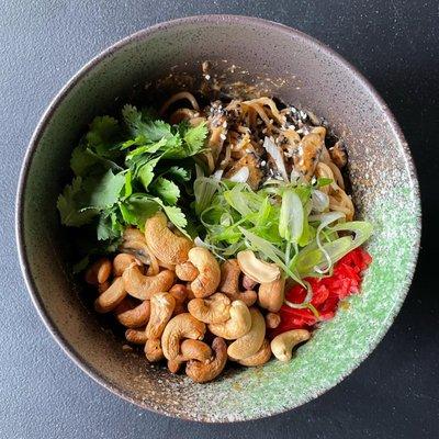 shiitake and cashew Dan Dan- spicy, nutty soupless vegan noodle dish