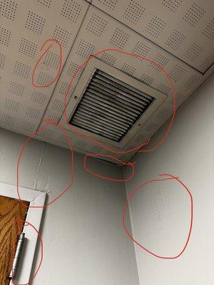 Nasty filthy vents. It looks like it's covered in mold spores both on the vent and on the wall. Seems like water damage