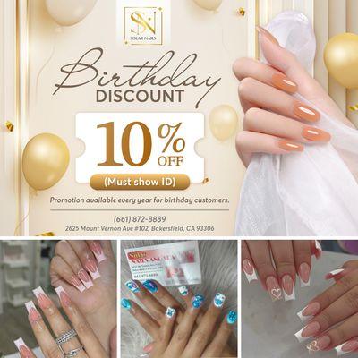 BIRTHDAY DISCOUNT 
It's your special day, and we're here to make it even better at Solar Nails and Spa!