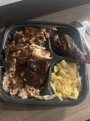 Jerk Chicken Rice & Peas Fried Cabbage