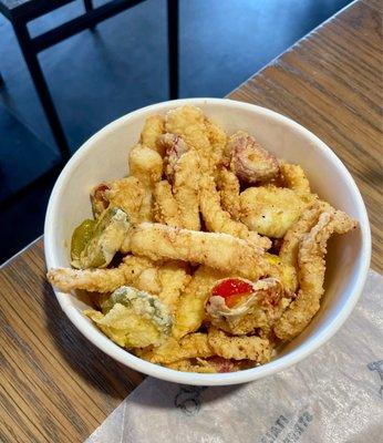 Calamari with the fried peppers are so good!!! Not rubbery at all either