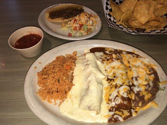 Grande lunch. Crispy beef taco, sour cream Chicken Enchiladas and a cheese enchilada with chili.