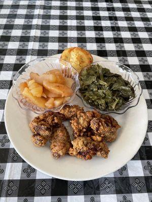 Fried Chicken Livers with Collard Greens, Baked Apples, and Jalapeno Cornbread