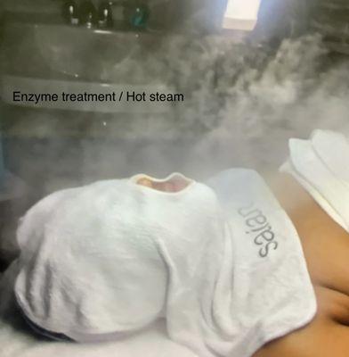 Enzyme treatment / hot steam. Good for breaking down and eliminating dead skin cells, pore cleaning, leaving skin brighter & hydrate