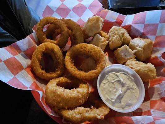 Fish nuggets and homemade onion rings