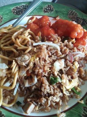 Sesame chicken, pork fried rice and veggie lo mein.