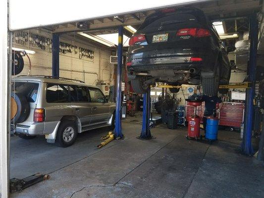 Our Va Inspection and emissions bay on the left, and one of our full service repair bays on the right.