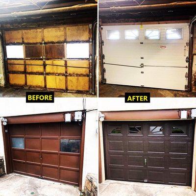 interior and exterior view of residential garage door installation before and after