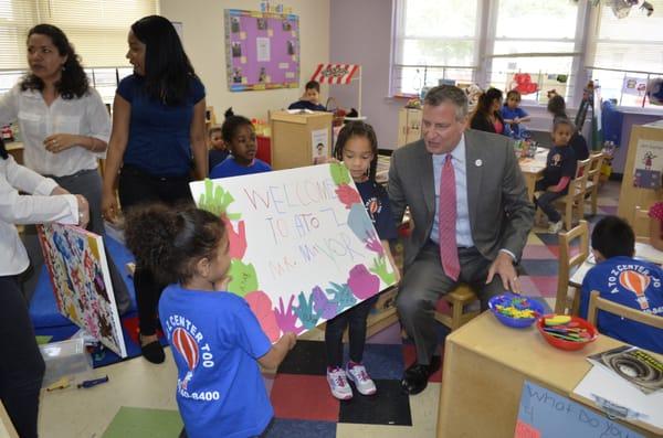 Pre-K Students Welcome Mayor Bill de Blasio's to their Full Day Pre-K Classroom.