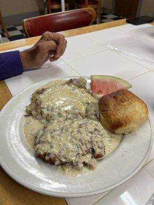 Chicken fried steak. So tender no need for a knife. Fresh meat, NOT frozen patty