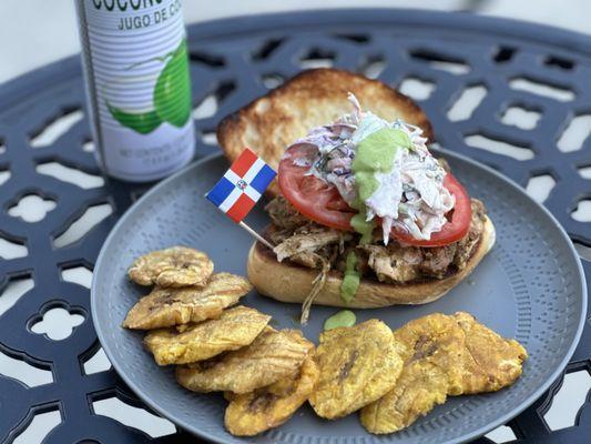 Chimi Mojo with tostones & coconut water