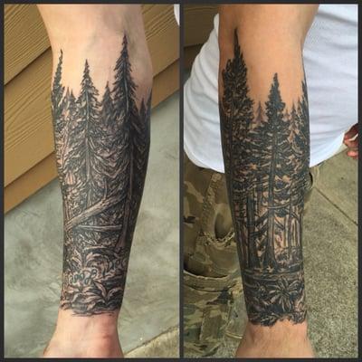 Blackwork nature tree half sleeve in progress by Violet Van Stappen @violet_tattoo_pdx